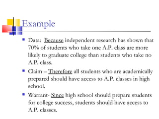 Example Data:  Because  independent research has shown that 70% of students who take one A.P. class are more likely to graduate college than students who take no A.P. class. Claim –  Therefore  all students who are academically prepared should have access to A.P. classes in high school. Warrant-  Since  high school should prepare students for college success, students should have access to A.P. classes. 