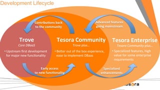 Advanced 
features 
going 
mainstream 
Tesora 
Enterprise 
Tesora 
Community 
plus… 
• Specialized 
features, 
high 
value 
for 
some 
enterprise 
requirements 
ContribuFons 
back 
to 
the 
community 
Tesora 
Community 
Trove 
plus… 
• BeZer 
out 
of 
the 
box 
experience, 
ease 
to 
implement 
DBaas 
Development Lifecycle 
Trove 
Core 
DBaaS 
• Upstream 
first 
development 
for 
major 
new 
funcOonality 
Early 
access 
to 
new 
funcFonality 
Specialized 
enhancements 
 