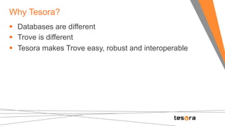 Why Tesora? 
§ Databases are different 
§ Trove is different 
§ Tesora makes Trove easy, robust and interoperable 
 