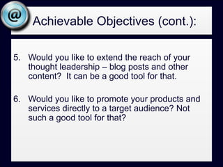 Managing your Twitter activityOnce you start using twitter you’ll want to explore ways to make it easier to follow what’s going on and respond to @replies and searches you’ve set-up.  There are number of 3rd party desktop and mobile applications that make this a snap.TweetDeck – http://www.tweetdeck.com - This is a piece of software that you run on your desktop. You can post tweets from it, respond to replies from others and, this is what I really like, set up various searches and get updates in real time when someone tweets on a subject of phrase you are following.