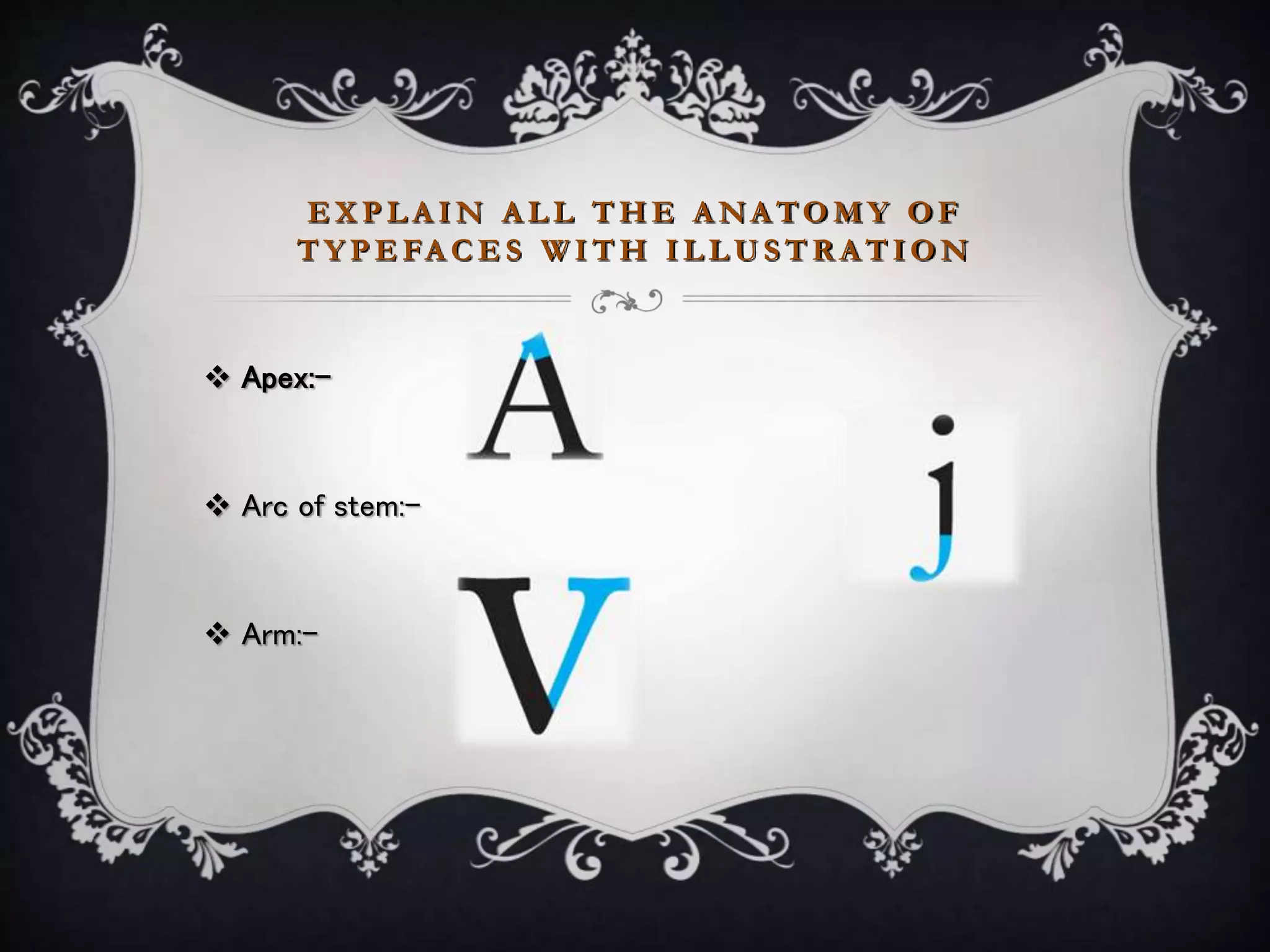 E X P L A I N A L L T H E A NA TO M Y O F
T Y P E FA C E S W I T H I L L U S T R A T I O N
 Apex:-
 Arc of stem:-
 Arm:-
 