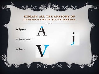 E X P L A I N A L L T H E A NA TO M Y O F
T Y P E FA C E S W I T H I L L U S T R A T I O N
 Apex:-
 Arc of stem:-
 Arm:-
 