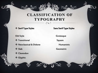 CLASSIFICATION OF
TYPOGRAPHY
 Serif Type Styles Sans Serif Type Styles
Old Style Grotesque
 Transitional Square
 Neoclassical & Didone Humanistic
 Slab Geometric
 Clarendon
 Glyphic
 