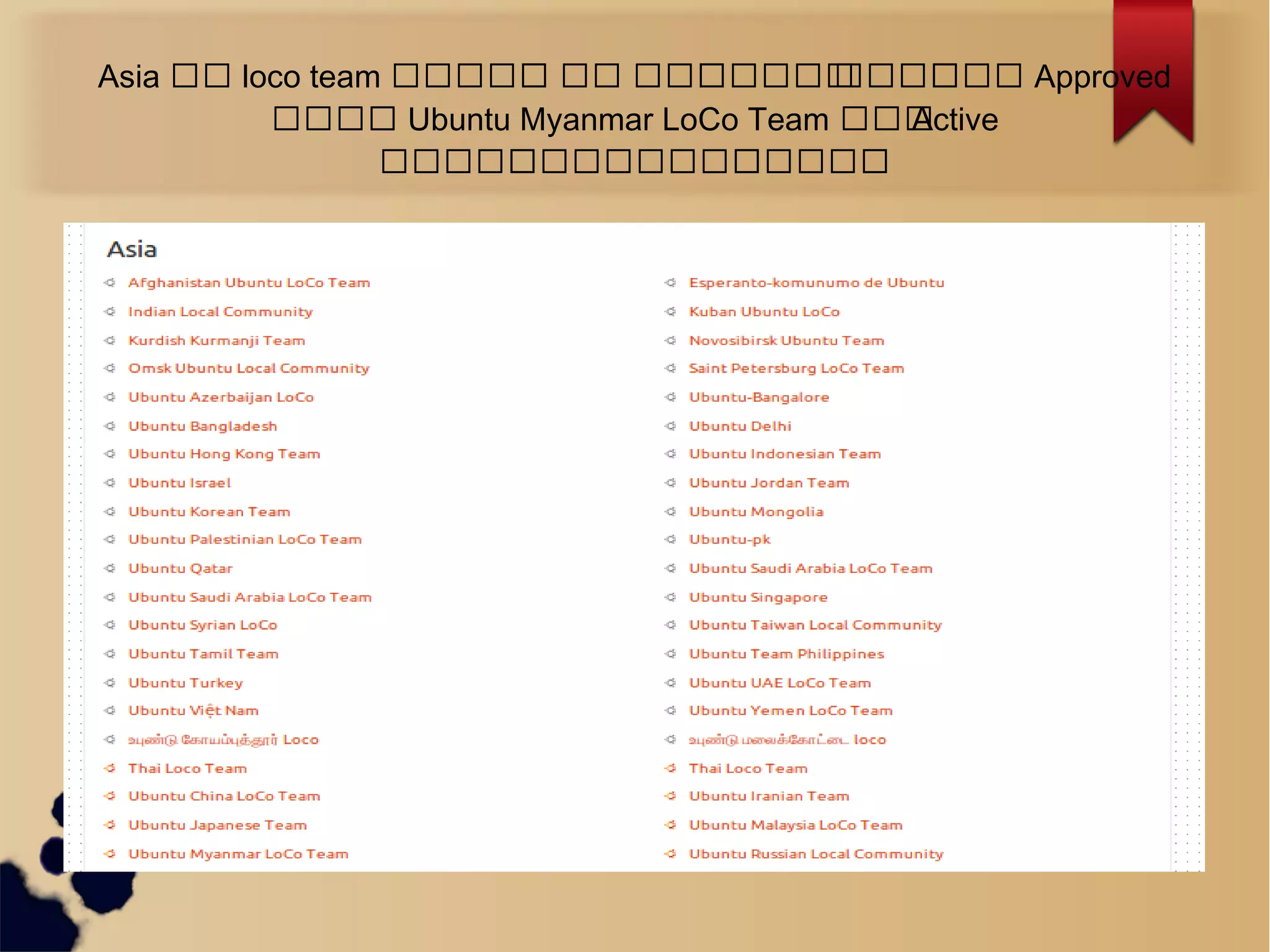 Asia ဆဆ loco team ဆဆဆဆဆဆ ဆဆ ဆဆဆဆဆဆဆဆဆဆဆဆဆဆဆ Approved
ဆဆဆဆဆ Ubuntu Myanmar LoCo Team ဆဆဆActive
ဆဆဆဆဆဆဆဆဆဆဆဆဆဆဆဆဆဆဆ
 