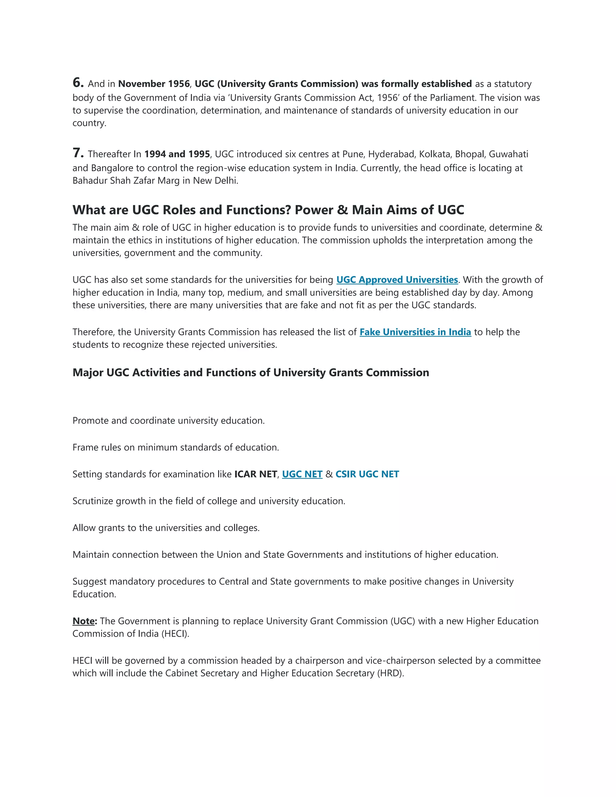 What is ugc all about its establishment functions and structure