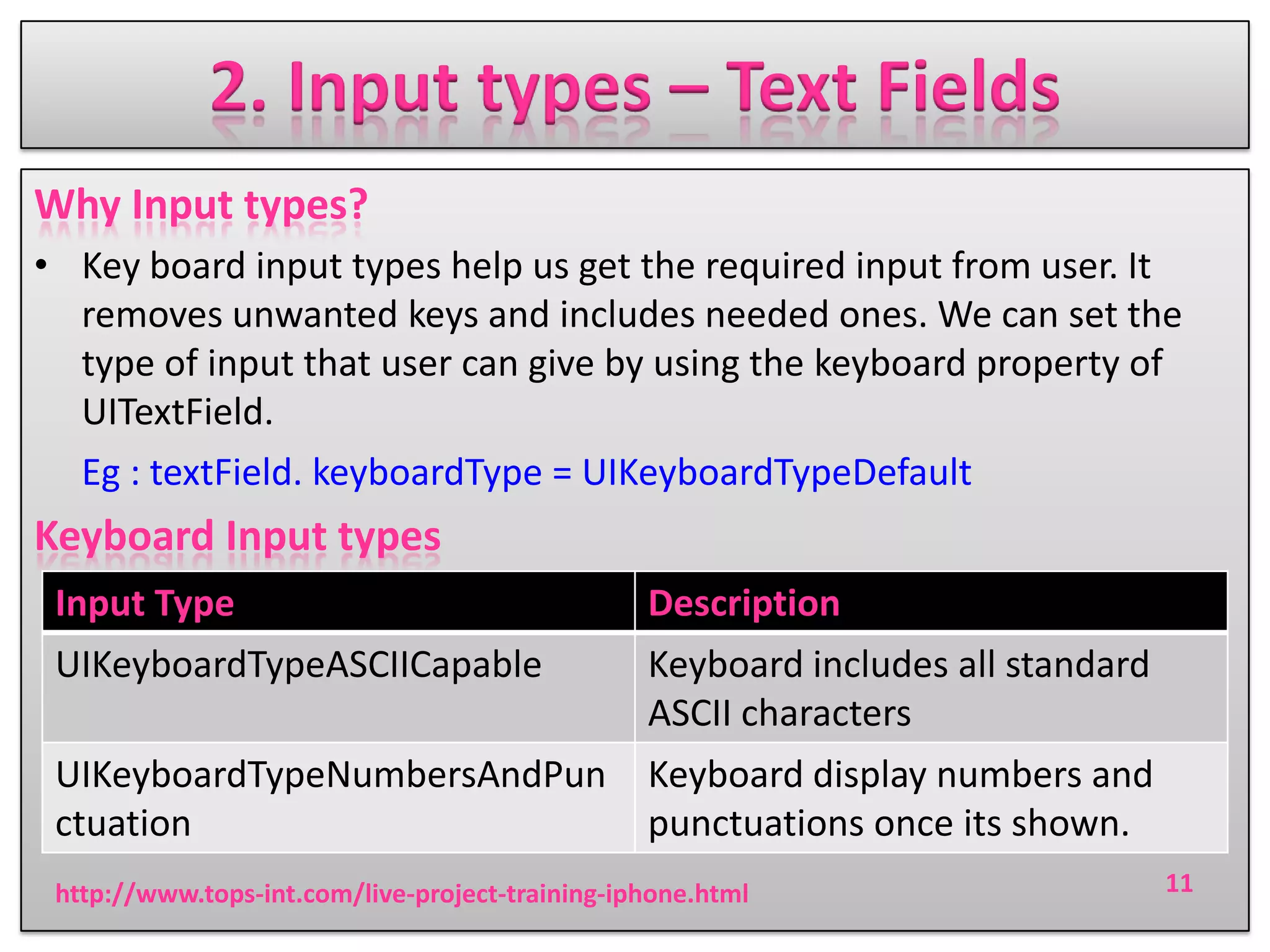 2. Input types – Text Fields
Why Input types?
• Key board input types help us get the required input from user. It
removes unwanted keys and includes needed ones. We can set the
type of input that user can give by using the keyboard property of
UITextField.
Eg : textField. keyboardType = UIKeyboardTypeDefault

Keyboard Input types
Input Type

Description

UIKeyboardTypeASCIICapable

Keyboard includes all standard
ASCII characters

UIKeyboardTypeNumbersAndPun
ctuation

Keyboard display numbers and
punctuations once its shown.

http://www.tops-int.com/live-project-training-iphone.html

11

 