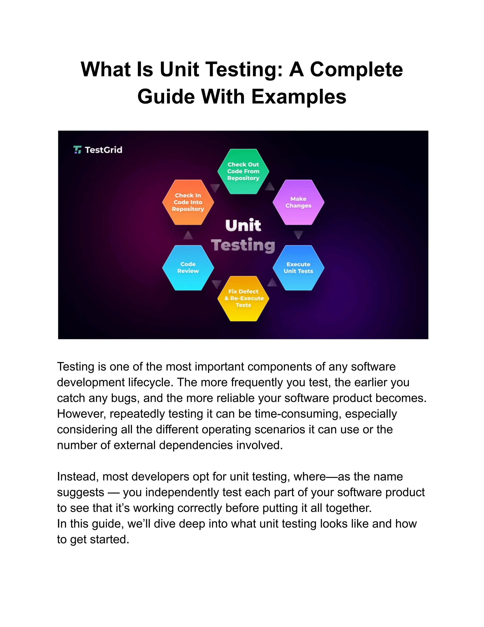 What Is Unit Testing: A Complete
Guide With Examples
Testing is one of the most important components of any software
development lifecycle. The more frequently you test, the earlier you
catch any bugs, and the more reliable your software product becomes.
However, repeatedly testing it can be time-consuming, especially
considering all the different operating scenarios it can use or the
number of external dependencies involved.
Instead, most developers opt for unit testing, where—as the name
suggests — you independently test each part of your software product
to see that it’s working correctly before putting it all together.
In this guide, we’ll dive deep into what unit testing looks like and how
to get started.
 