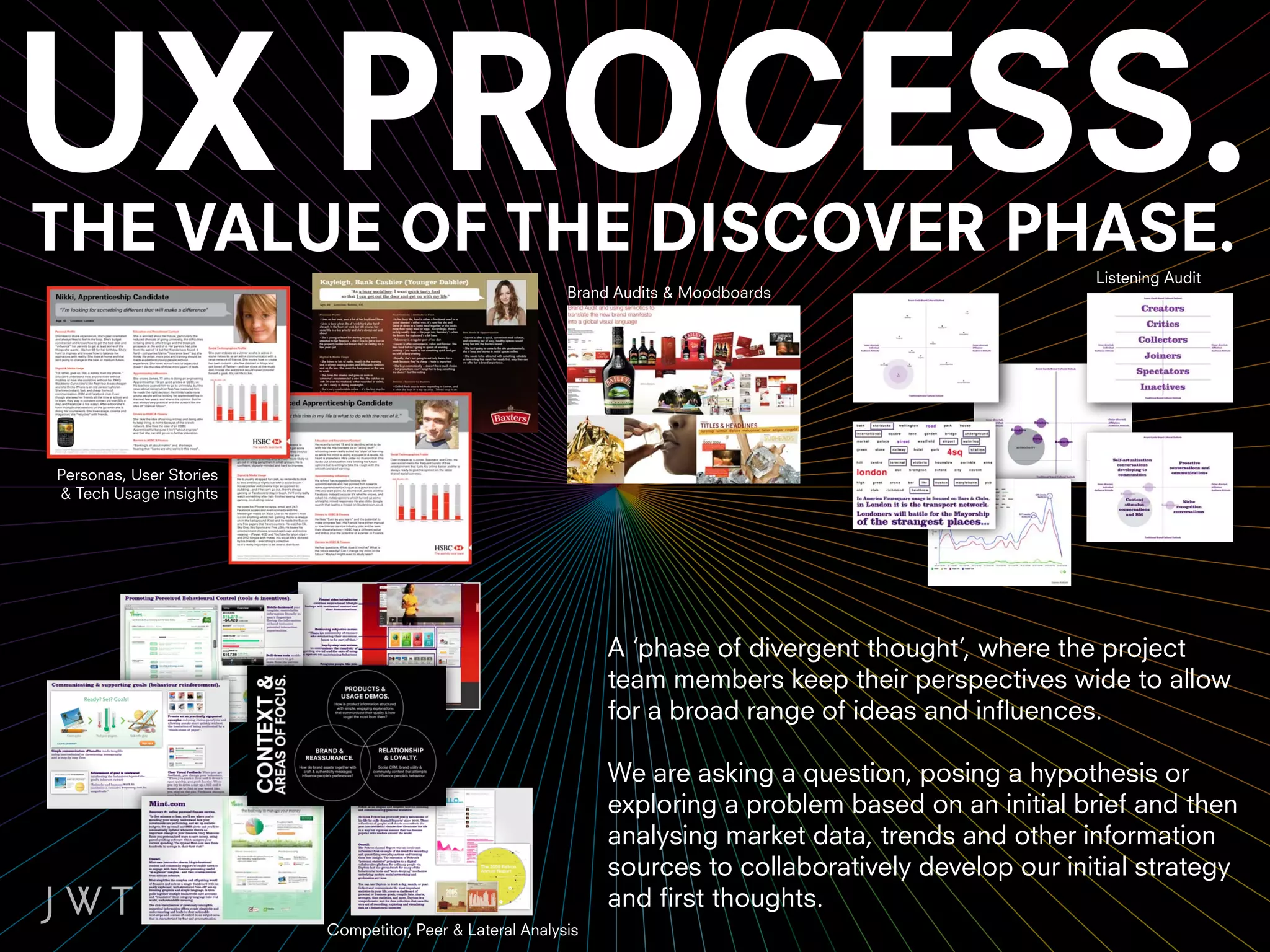 THE VALUE OF THE DISCOVER PHASE.
                                                                                                         Listening Audit
                                                          Brand Audits & Moodboards




Personas, User Stories
Personas User Stories
& Tech Usage insightss




                                                               A ‘phase of divergent thought’, where the project
                                                               team members keep their perspectives wide to allow
                                                               for a broad range of ideas and influences.

                                                               We are asking a question, posing a hypothesis or
                                                               exploring a problem based on an initial brief and then
                                                               analysing market data, trends and other information
                                                               sources to collaboratively develop our initial strategy
                                                               and first thoughts.
                         Competitor, Peer & Lateral Analysis
 