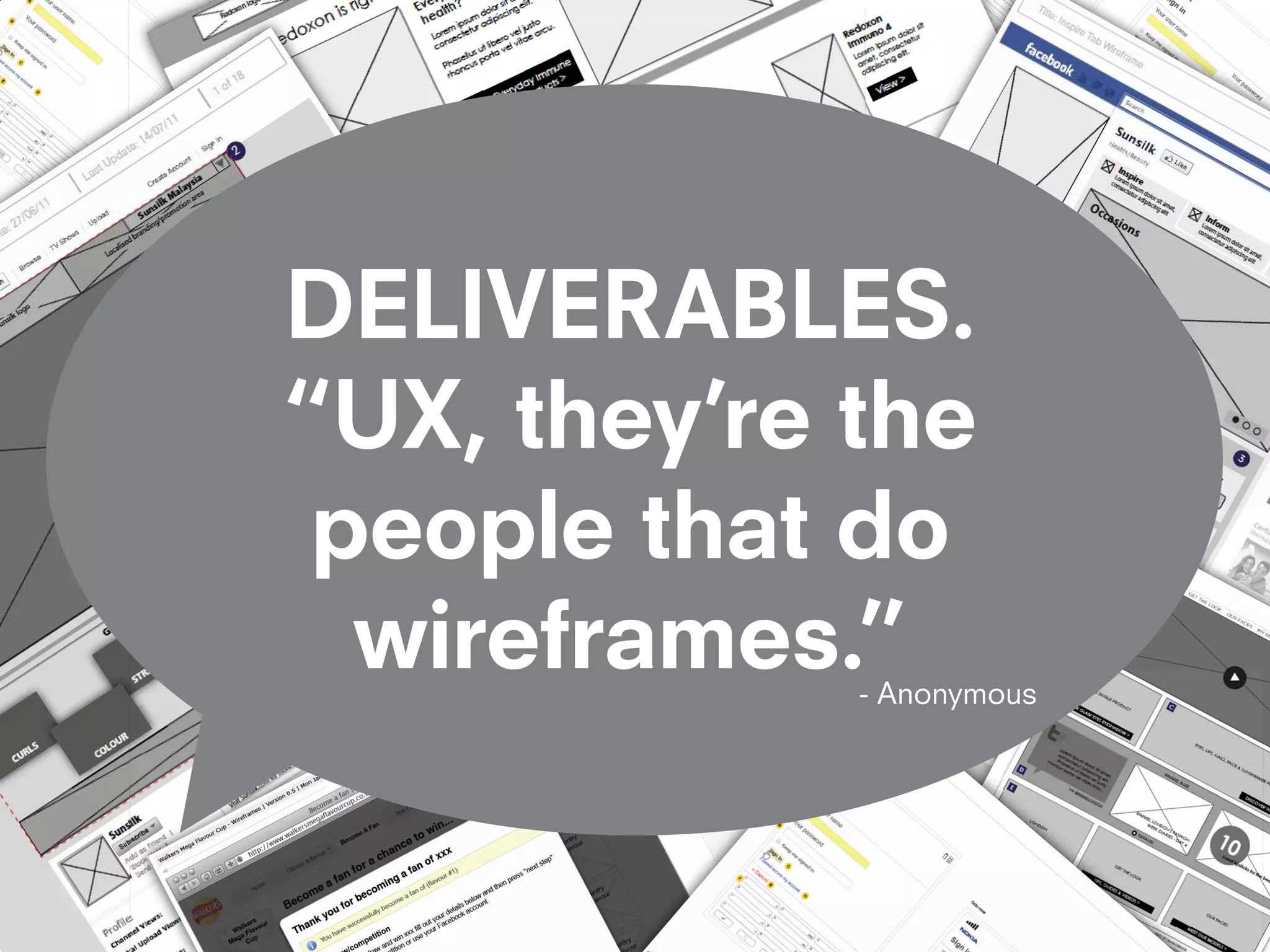 DELIVERABLES.
“UX, they’re the
 people that do
  wireframes.”
             - Anonymous
 
