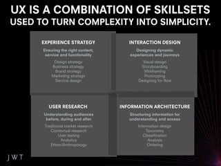 UX IS A COMBINATION OF SKILLSETS
USED TO TURN COMPLEXITY INTO SIMPLICITY.

      EXPERIENCE STRATEGY               INTERACTION DESIGN
      Ensuring the right content,          Designing dynamic
       service and functionality        experiences and journeys
           Design strategy                    Visual design
          Business strategy                  Storyboarding
           Brand strategy                     Wireframing
          Marketing strategy                   Prototyping
           Service design                   Designing for flow




         USER RESEARCH               INFORMATION ARCHITECTURE
      Understanding audiences           Structuring information for
       before, during and after         understanding and access
       Traditional market research          Information design
          Contextual research                    Taxonomy
               User testing                    Classification
                Analytics                         Analysis
          Ethno/Anthropology                      Ordering
 
