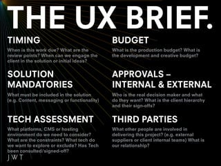 TIMING                                       BUDGET
When is this work due? What are the          What is the production budget? What is
review points? When can we engage the        the development and creative budget?
client in the solution or initial ideas?


SOLUTION                                     APPROVALS –
MANDATORIES                                  INTERNAL & EXTERNAL
What must be included in the solution        Who is the real decision maker and what
(e.g. Content, messaging or functionality)   do they want? What is the client hierarchy
                                             and their sign-offs?


TECH ASSESSMENT                              THIRD PARTIES
What platforms, CMS or hosting               What other people are involved in
environment do we need to consider?          delivering this project? (e.g. external
What are the constraints? What tech do       suppliers or client internal teams) What is
we want to explore or exclude? Has Tech      our relationship?
been consulted/signed-off?
 