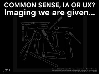 COMMON SENSE, IA OR UX?
Imaging we are given...




            Source: Gail Leija “What is an IA?”; images adapted from The Order of Things: How
            Everything in the World is Organized into Hierarchies, Structures and Pecking Orders
                                                     Barbara Ann Kipfer, Random House NY 2000
 