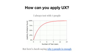 How can you apply UX?
But here’s Jacob saying why 5 people is enough
I always test with 7 people
 