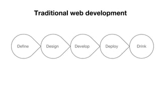 Traditional web development
Define Design Develop Deploy Drink
 