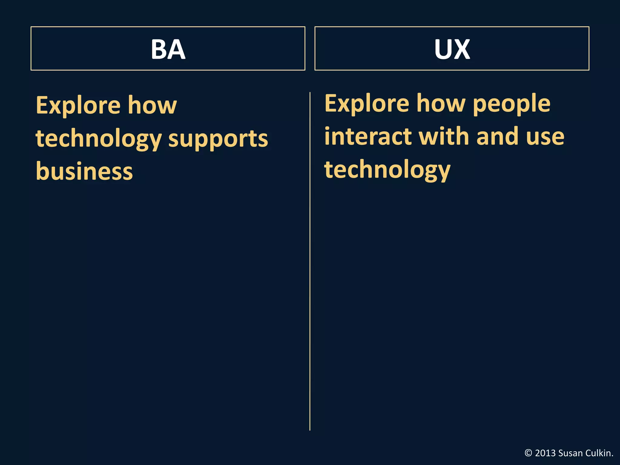 BA                    UX
Explore how           Explore how people
technology supports   interact with and use
business              technology




                                       © 2013 Susan Culkin.
 