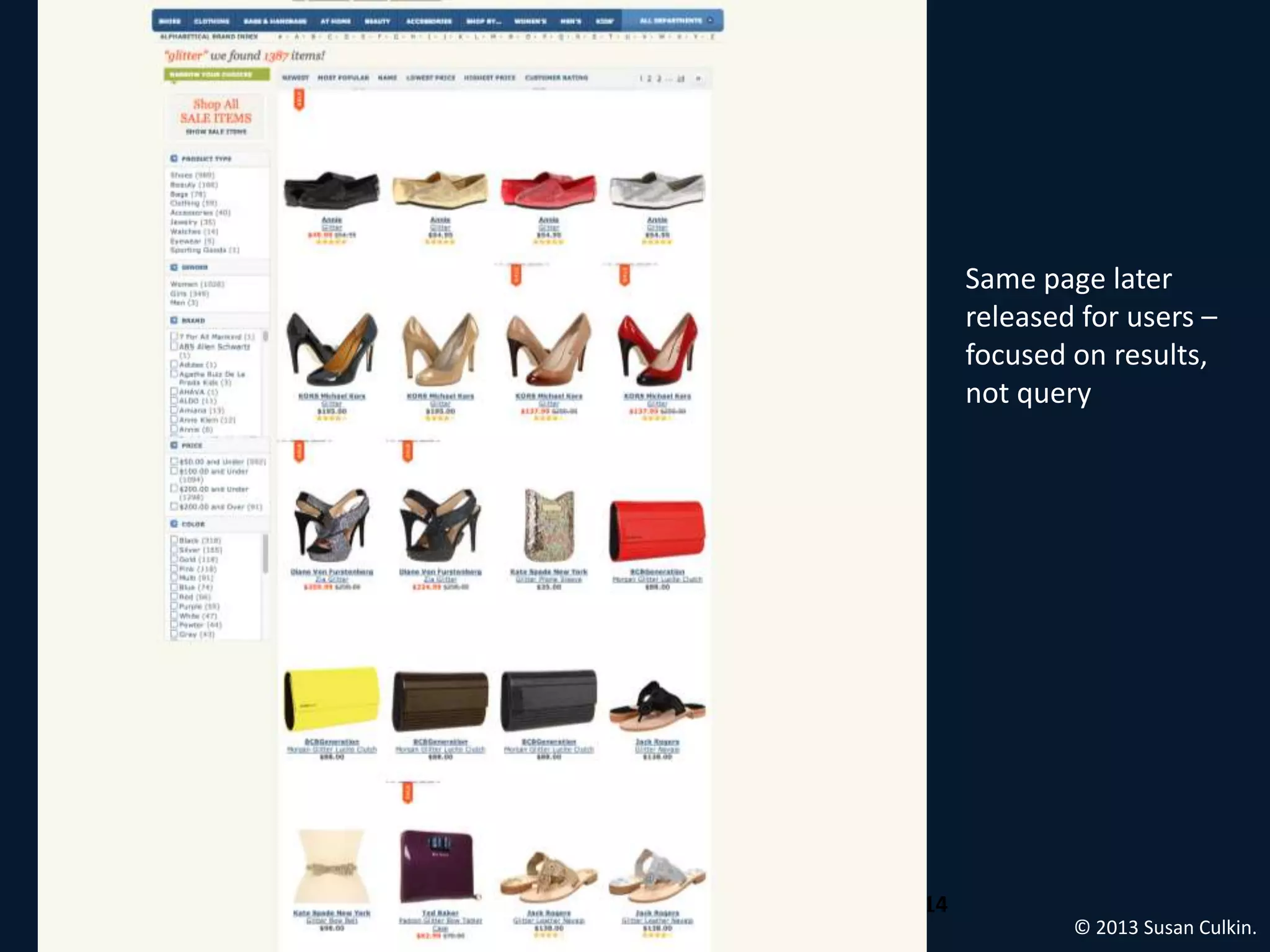 Same page later
     released for users –
     focused on results,
     not query




14
             © 2013 Susan Culkin.
 