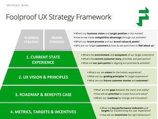 @timothyloo @uxbri
§ What’s the environment and ecosystem of our target customers?
§ What’s the current customer story, priorities and pain-points?
§ What are our pain-points in aligning our priorities & activities?
§ What’s our are vision for the holistic experience?
§ What are our guiding principles for target experience?
§ What are our future customer stories and outcomes?
§ What’ are the gaps between the vision and reality?
§ How will we prioritise to create focus and value?
§ What’s our roadmap for change and innovation?
§ What are key performance indicators and
targets for transforming the user experience?
§ How will we incentivise the right behaviours?
§ What’s our business vision and target position in the market?
§ How do we create competitive advantage through our activities?
§ What’s our brand promise and our brand values & assets?
§ Who are our target customers & how do we want them to feel about us?
© 2013 Foolproof Limited
BRAND	
  	
  
STRATEGY	
  
BUSINESS	
  	
  
STRATEGY	
  
4.	
  METRICS,	
  TARGETS	
  &	
  INCENTIVES	
  
3.	
  ROADMAP	
  &	
  BENEFITS	
  CASE	
  
2.	
  UX	
  VISION	
  &	
  PRINCIPLES	
  
1.	
  CURRENT	
  STATE	
  	
  
EXPERIENCE	
  
Foolproof UX Strategy Framework
 