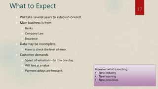 What to Expect
 Will take several years to establish oneself.
 Main business is from
 Banks
 Company Law
 Insurance
 Data may be incomplete.
 Have to check the level of error.
 Customer demands
 Speed of valuation – do it in one day.
 Will hint at a value
 Payment delays are frequent.
17
However what is exciting
• New industry
• New learning
• New processes
 