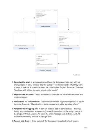 3/12
Make the form fields rounded
Suggest changes
Create a React app with a login form
Describe the goal
Type your instructions
Automated debugging
value={password}
onChange={(e) => setPassword(e.target.value)}
className=“w-full px-3 py-2 border rounded-full”
placeholder=“Enter your password”
/>
</div>
<button
type=“submit”
className=“w-full bg-blue-500 text-white py-2 rounded-full hover:bg-
blue-600”
// … existing code …
Type your instructions
Code generation
import React, { useState } from “react”;
const handleSubmit = (e) => {
const [email, setEmail] = useState(“”);
const [password, setPassword] = useState(“”);
const [error, setError] = useState(“”);
const handleSubmit = (e) => {
e.preventDefault();
setError(“”);
if (!email || !password) {
setError(“Email and password are required.”);
return;
}
….
import React, { useState } from “react”;
const LoginForm = () => {
const [email, setEmail] = useState(“”);
const [password, setPassword] = useState(“”);
const [error, setError] = useState(“”);
const handleSubmit = (e) => {
e.preventDefault();
setError(“”);
if (!email || !password) {
setError(“Email and password are required.”);
return;
}
1. Describe the goal: In a vibe coding workflow, the developer might start with an
empty project in an AI-enabled IDE like Cursor. They then describe what they want
in steps or ask the AI questions about the code in plain English. Example: “Create a
React app with a login form and a dark mode toggle.”
2. AI generates the code: The AI model or tool provides the initial code structure and
implementation.
3. Refinement via conversation: The developer iterates by prompting the AI to adjust
the code. Example: “Make the form fields rounded and add a transition effect.”
4. Automated debugging: The AI can run code or tests in some setups – iterating,
linting, and running tests autonomously to verify the output​
. In Karpathy’s usage, if
the program throws an error, he feeds the error message back to the AI (with no
additional comment), and the AI debugs itself​
.
5. Accept and deploy: Once satisfied, the developer integrates the final version.
 