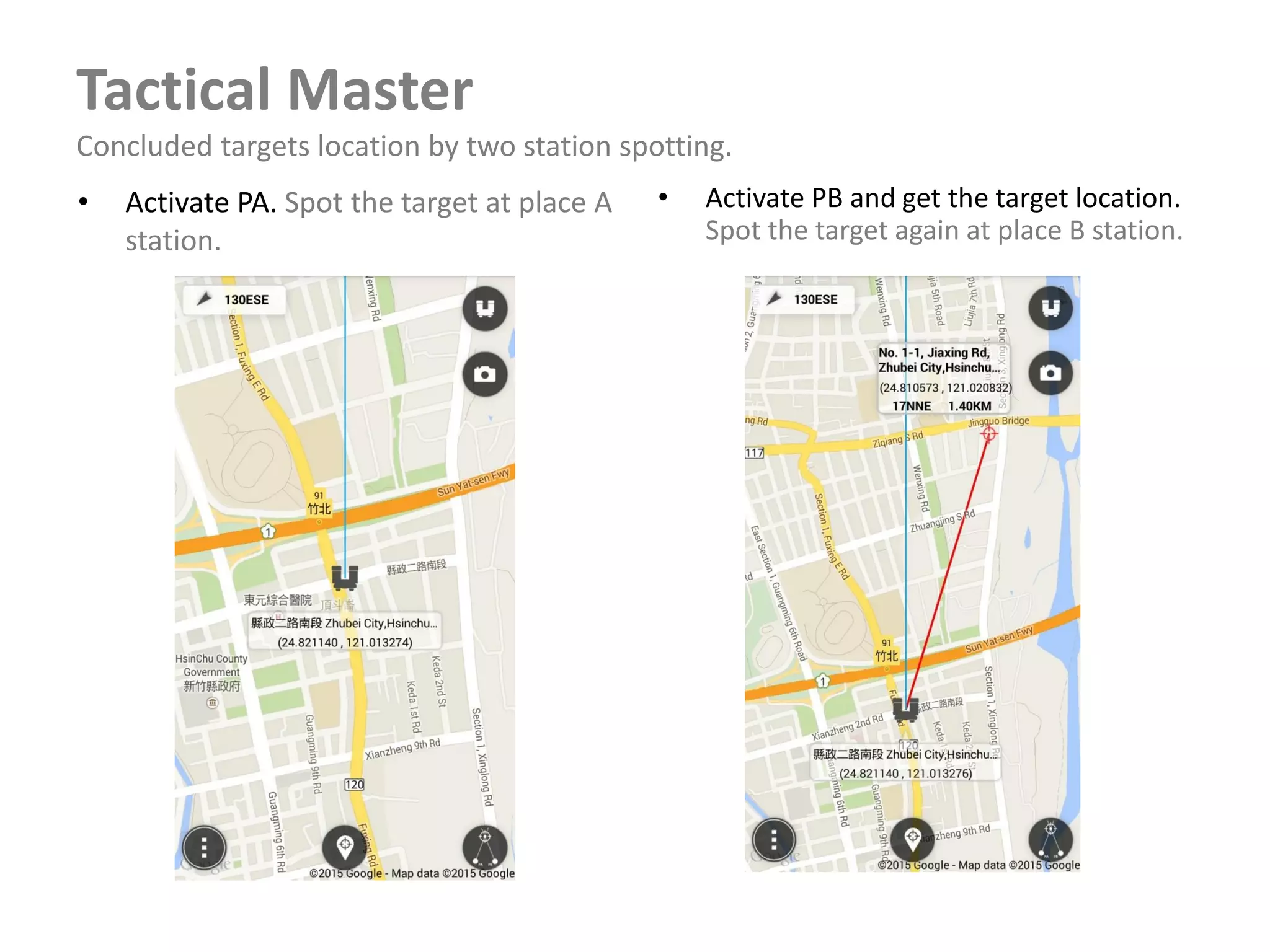 Tactical Master
Concluded targets location by two station spotting.
• Activate PA. Spot the target at place A
station.
• Activate PB and get the target location.
Spot the target again at place B station.
 