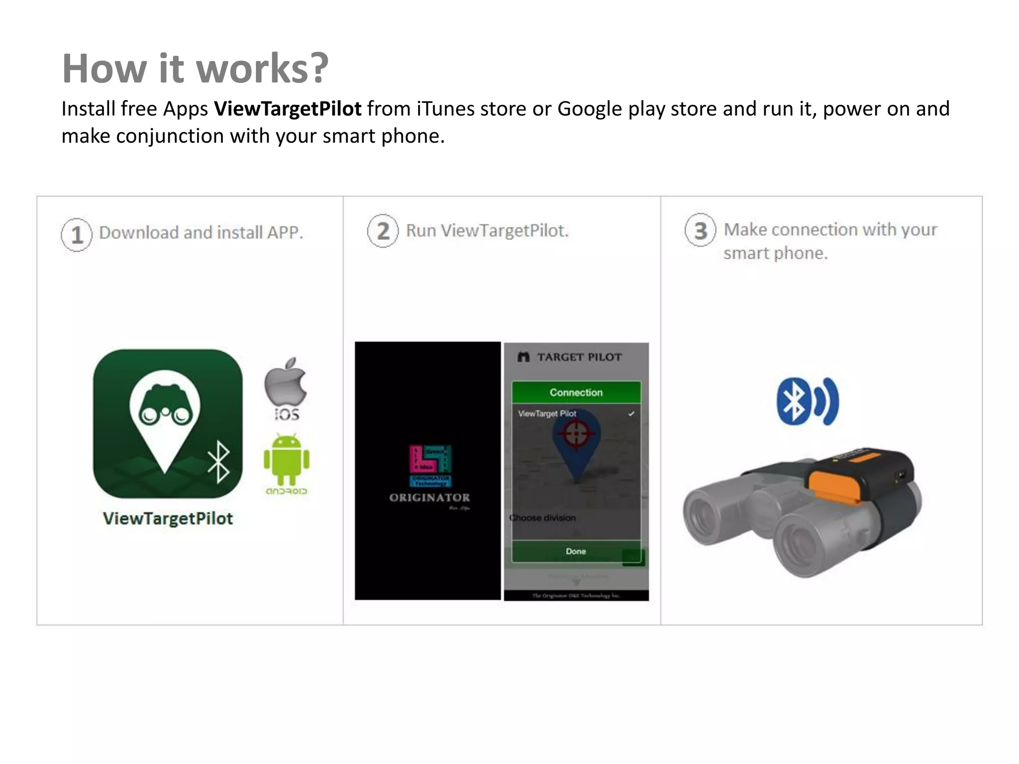 How it works?
Install free Apps ViewTargetPilot from iTunes store or Google play store and run it, power on and
make conjunction with your smart phone.
 