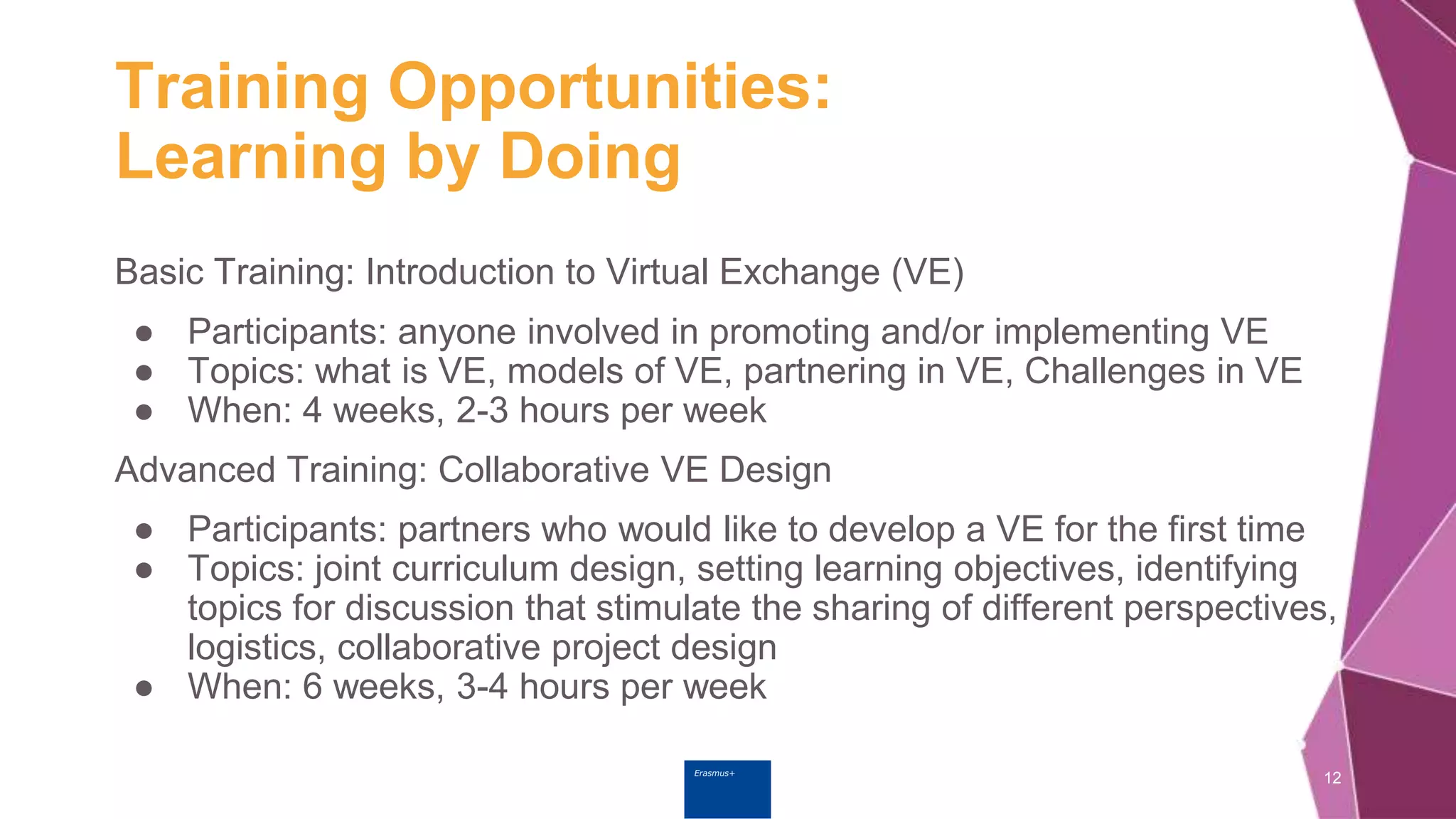 Erasmus+
Training Opportunities:
Learning by Doing
Basic Training: Introduction to Virtual Exchange (VE)
● Participants: anyone involved in promoting and/or implementing VE
● Topics: what is VE, models of VE, partnering in VE, Challenges in VE
● When: 4 weeks, 2-3 hours per week
Advanced Training: Collaborative VE Design
● Participants: partners who would like to develop a VE for the first time
● Topics: joint curriculum design, setting learning objectives, identifying
topics for discussion that stimulate the sharing of different perspectives,
logistics, collaborative project design
● When: 6 weeks, 3-4 hours per week
12
 