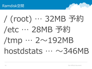 Not official document16
Ramdisk空間
/ (root) … 32MB 予約
/etc … 28MB 予約
/tmp … 2～192MB
hostdstats … ～346MB
 