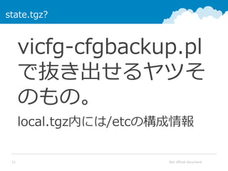 Not official document21
state.tgz?
vicfg-cfgbackup.pl
で抜き出せるヤツそ
のもの。
local.tgz内には/etcの構成情報
 