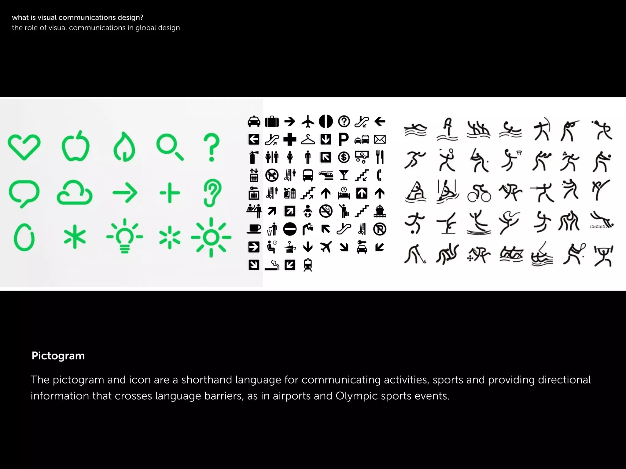 !
The pictogram and icon are a shorthand language for communicating activities, sports and providing directional
information that crosses language barriers, as in airports and Olympic sports events.
symbol
!
what is visual communications design?
the role of visual communications in global design
Pictogram
 