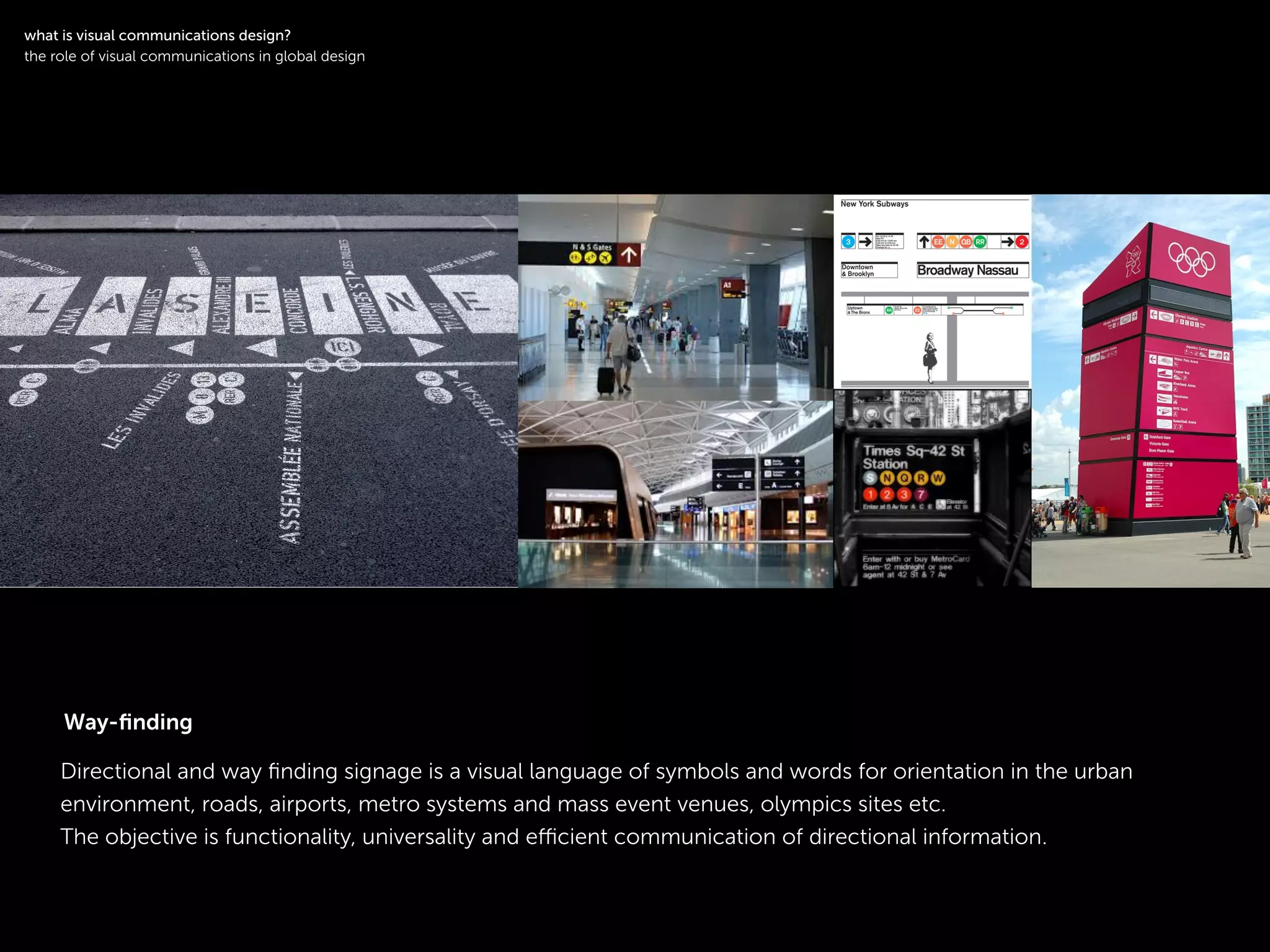 !
Directional and way ﬁnding signage is a visual language of symbols and words for orientation in the urban
environment, roads, airports, metro systems and mass event venues, olympics sites etc.
The objective is functionality, universality and eﬃcient communication of directional information.
symbol
!
what is visual communications design?
the role of visual communications in global design
Way-ﬁnding
 
