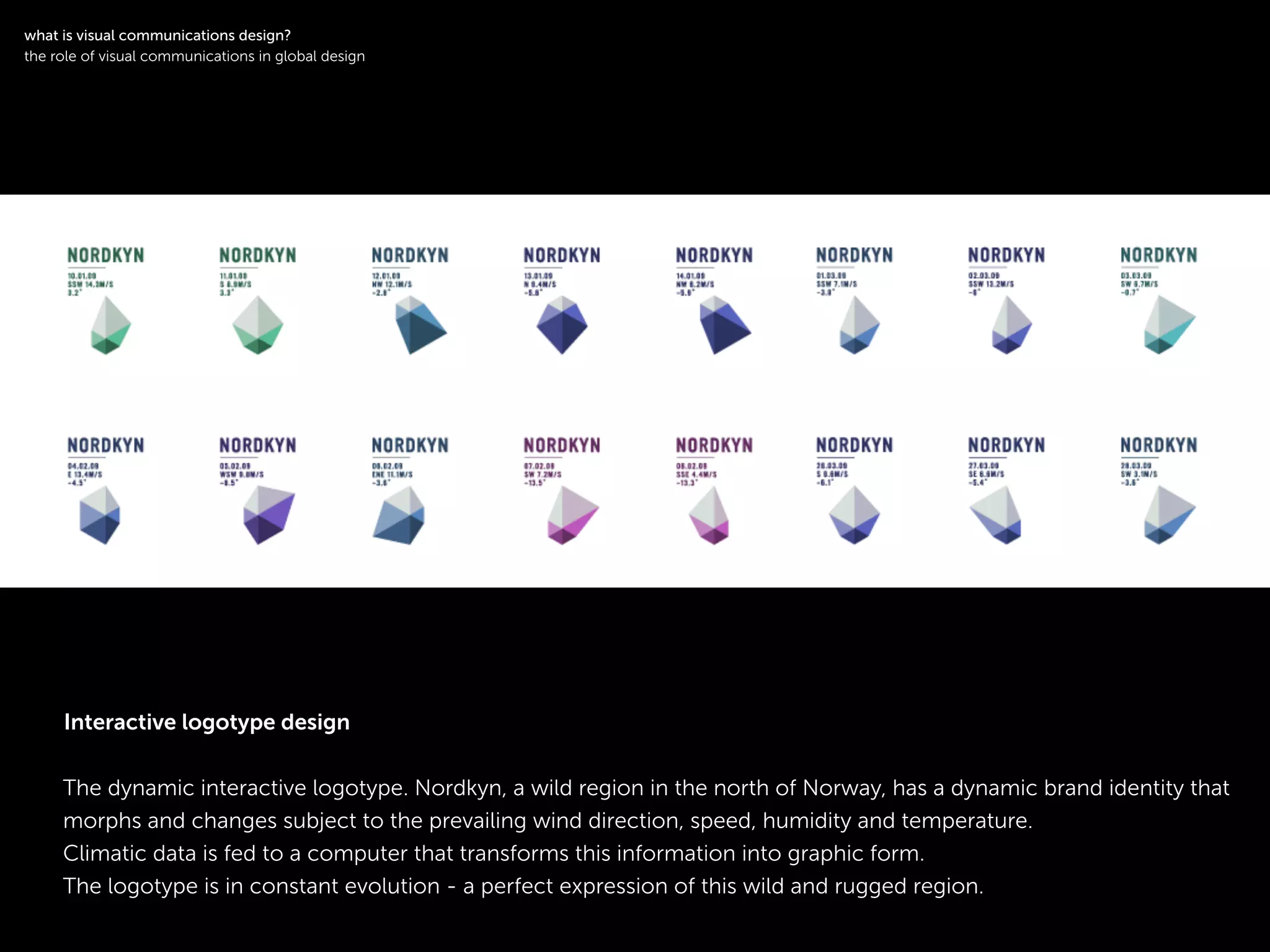 The dynamic interactive logotype. Nordkyn, a wild region in the north of Norway, has a dynamic brand identity that
morphs and changes subject to the prevailing wind direction, speed, humidity and temperature.
Climatic data is fed to a computer that transforms this information into graphic form.
The logotype is in constant evolution - a perfect expression of this wild and rugged region.
!
what is visual communications design?
the role of visual communications in global design
Interactive logotype design
 