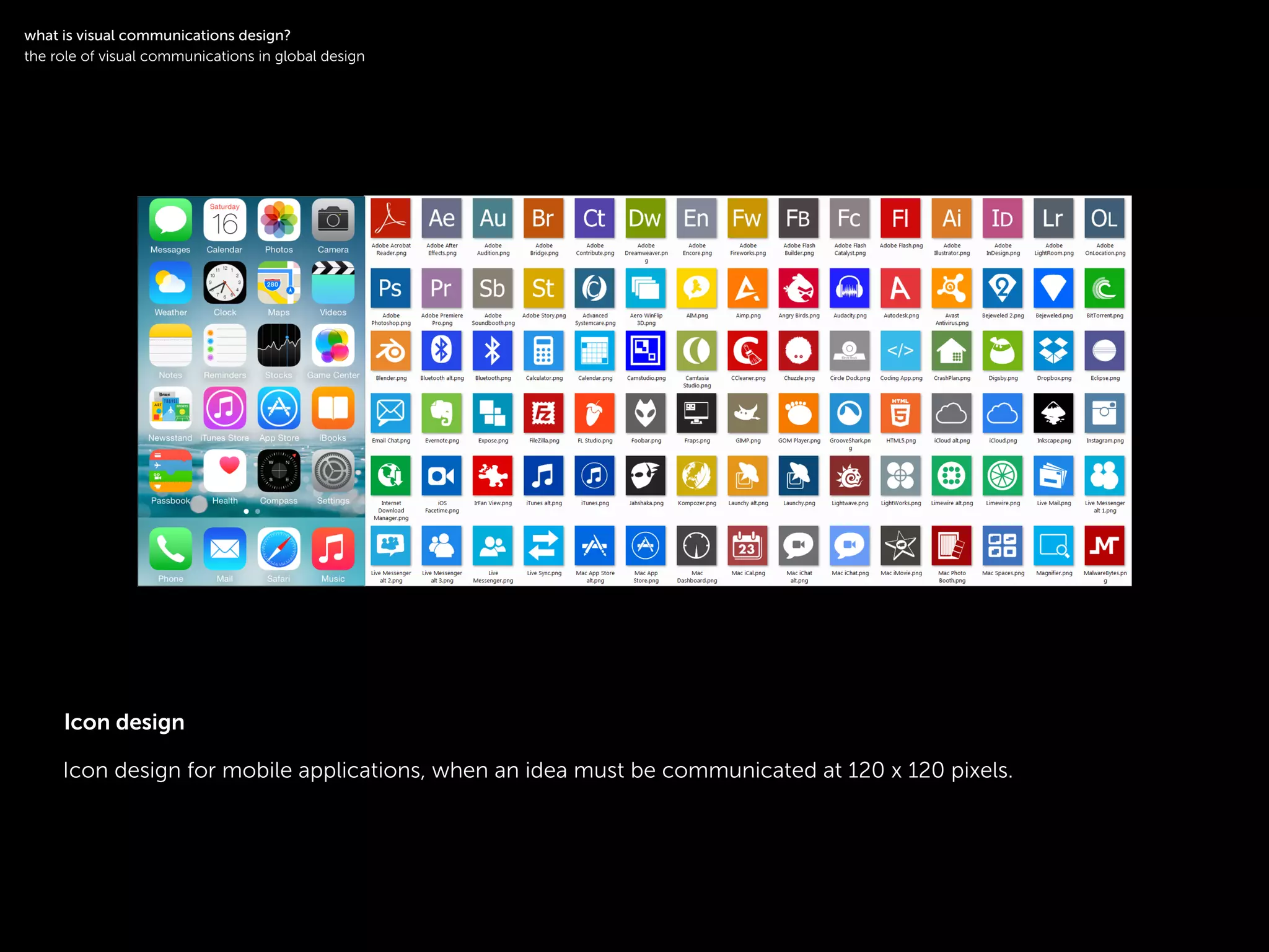 !
Icon design for mobile applications, when an idea must be communicated at 120 x 120 pixels.
!
what is visual communications design?
the role of visual communications in global design
Icon design
 