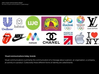 !
Visual communications is primarily the communication of a message about a person, an organisation, a company,
an activity or a product. Collectively these diﬀerent forms of identity are called brands.
!
what is visual communications design?
the role of visual communications in global design
Visual communications today: brands
 