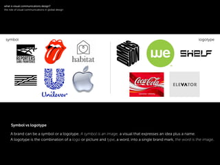 !
A brand can be a symbol or a logotype. A symbol is an image, a visual that expresses an idea plus a name.
A logotype is the combination of a logo or picture and type, a word, into a single brand mark, the word is the image.
logotypesymbol
!
what is visual communications design?
the role of visual communications in global design
Symbol vs logotype
 