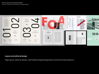!
Page layout, editorial design, text/headline/legend/pagination/contents/notes/captions.
symbol logotype
!
what is visual communications design?
the role of visual communications in global design
Layout and editorial design
 