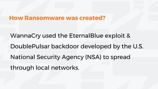 WannaCry used the EternalBlue exploit &
DoublePulsar backdoor developed by the U.S.
National Security Agency (NSA) to spread
through local networks.
How Ransomware was created?
 