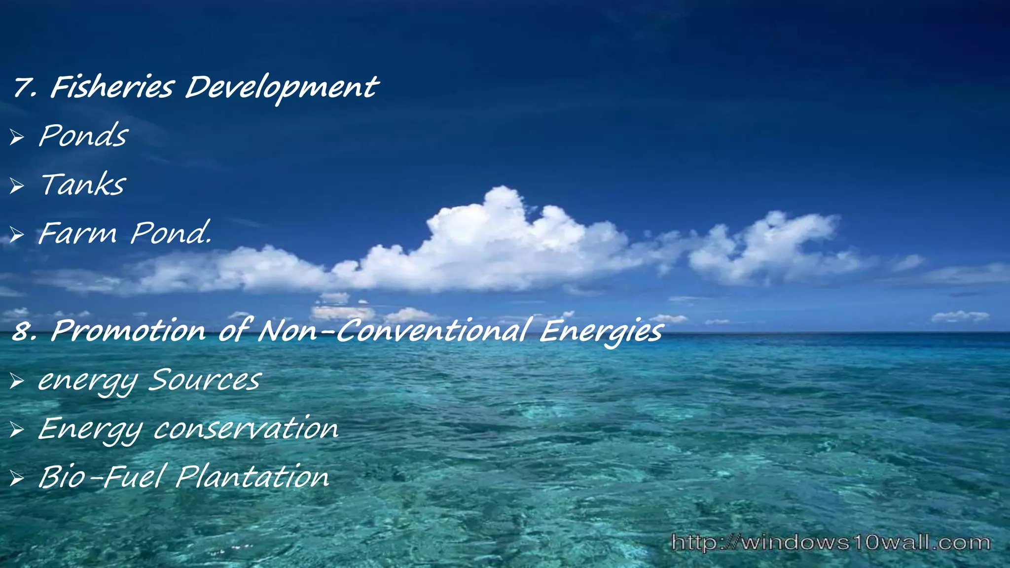 7. Fisheries Development
 Ponds
 Tanks
 Farm Pond.
8. Promotion of Non-Conventional Energies
 energy Sources
 Energy conservation
 Bio-Fuel Plantation
 