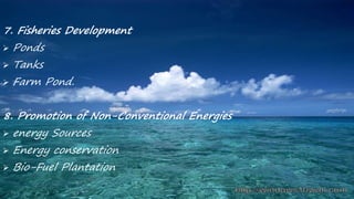 7. Fisheries Development
 Ponds
 Tanks
 Farm Pond.
8. Promotion of Non-Conventional Energies
 energy Sources
 Energy conservation
 Bio-Fuel Plantation
 