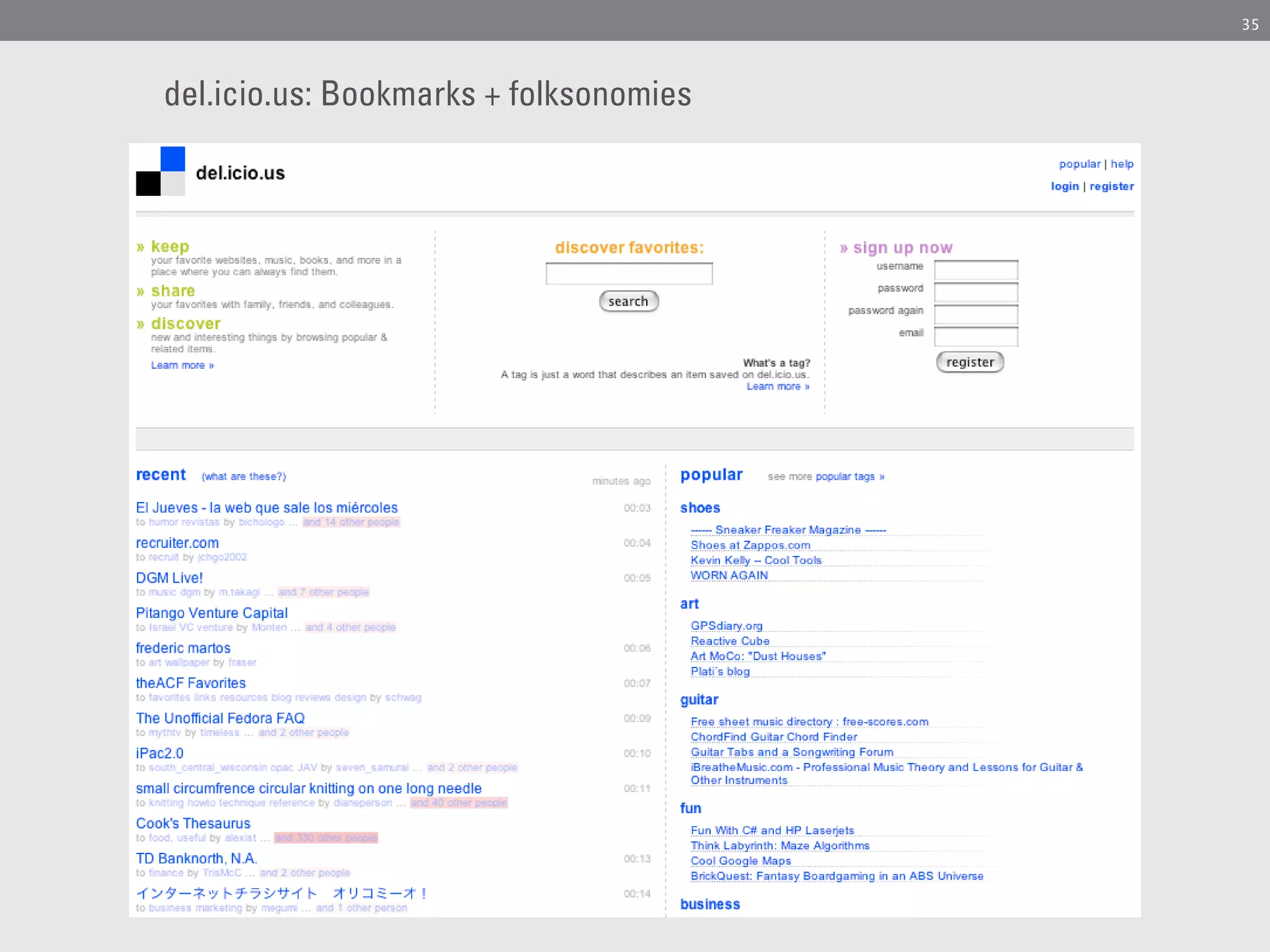 35




del.icio.us: Bookmarks + folksonomies
 