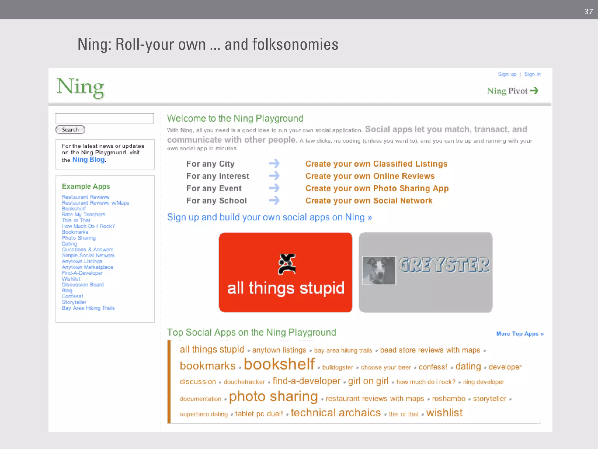 37




Ning: Roll-your own ... and folksonomies
 