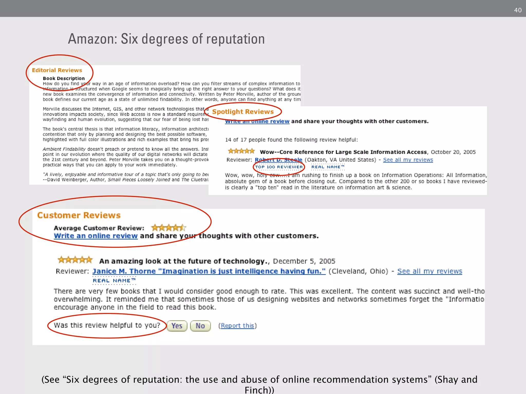 40




     Amazon: Six degrees of reputation




(See “Six degrees of reputation: the use and abuse of online recommendation systems” (Shay and
                                              Finch))
 