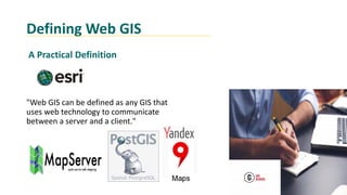 Defining Web GIS
"Web GIS can be defined as any GIS that
uses web technology to communicate
between a server and a client."
A Practical Definition
 