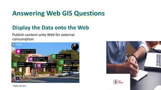 Answering Web GIS Questions
Display the Data onto the Web
Publish content onto Web for external
consumption.
Nokia city lens
 