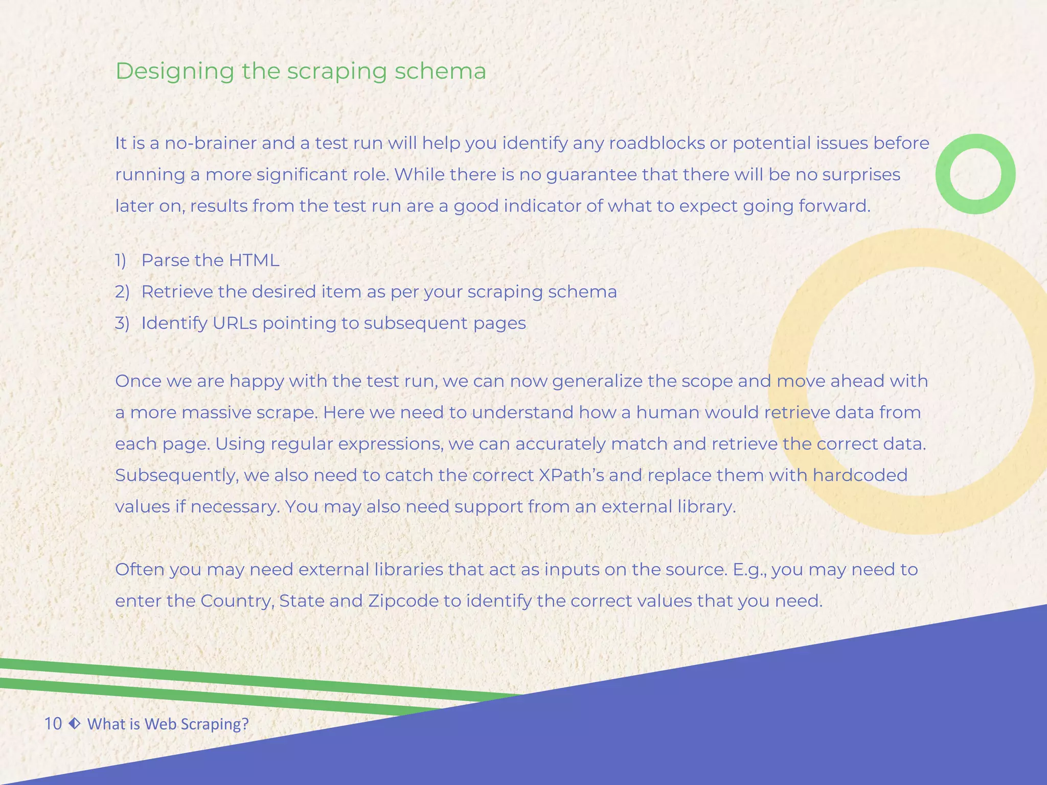 Designing the scraping schema
It is a no-brainer and a test run will help you identify any roadblocks or potential issues before
running a more significant role. While there is no guarantee that there will be no surprises
later on, results from the test run are a good indicator of what to expect going forward.
10 ⬖ What is Web Scraping?
1) Parse the HTML
2) Retrieve the desired item as per your scraping schema
3) Identify URLs pointing to subsequent pages
Once we are happy with the test run, we can now generalize the scope and move ahead with
a more massive scrape. Here we need to understand how a human would retrieve data from
each page. Using regular expressions, we can accurately match and retrieve the correct data.
Subsequently, we also need to catch the correct XPath’s and replace them with hardcoded
values if necessary. You may also need support from an external library.
Often you may need external libraries that act as inputs on the source. E.g., you may need to
enter the Country, State and Zipcode to identify the correct values that you need.
 