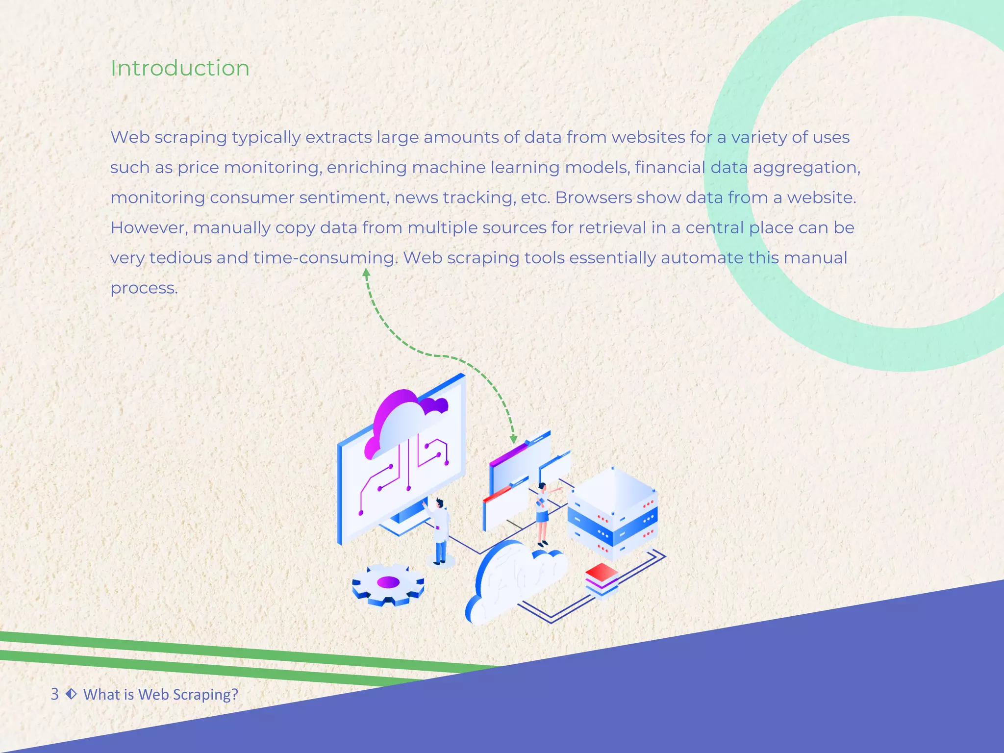 Introduction
Web scraping typically extracts large amounts of data from websites for a variety of uses
such as price monitoring, enriching machine learning models, financial data aggregation,
monitoring consumer sentiment, news tracking, etc. Browsers show data from a website.
However, manually copy data from multiple sources for retrieval in a central place can be
very tedious and time-consuming. Web scraping tools essentially automate this manual
process.
3 ⬖ What is Web Scraping?
 