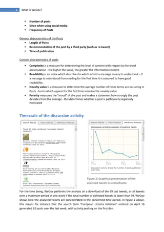 4    What is WeGov?


           Number of posts
           Since when using social media
           Frequency of Posts

    General characteristics of the Posts
        Length of Posts
        Recommendation of the post by a third party (such as re-tweet)
        Time of publication

    Content characteristics of posts
           Complexity is a measure for determining the level of content with respect to the word
            accumulation - the higher the value, the greater the information content.
           Readability is an index which describes to which extent a message is easy to understand – if
            a message is understood from reading for the first time it is assumed to have good
            readability.
           Novelty value is a measure to determine the average number of times terms are occurring in
            Posts - terms which appear for the first time increase the novelty value
           Polarity measures the "mood" of the post and makes a statement how strongly the post
            deviates from the average - this determines whether a post is particularly negatively
            motivated



    Timescale of the discussion activity




                                                          Figure 2: Graphical presentation of the
                                                          analyzed tweets in a timeframe

    For the time being, WeGov performs the analysis on a download of the 99 last tweets, or all tweets
    over a maximum period of one week if the total number of collected tweets is lower than 99. WeGov
    shows how the analyzed tweets are concentrated in the concerned time period. In figure 2 above,
    this means for instance that the search term “European citizens initiative” entered on April 16
    generated 62 posts over the last week, with activity peaking on the first day.
 