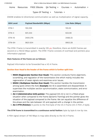 17/09/2020 What is Wide Area Network (WAN): Live WAN Network Examples
https://www.softwaretestinghelp.com/wide-area-network-wan/ 4/12
The Dense Wavelength Division Multiplexing (DWDM) is a multiplexing technique combining
a number of data streams of di erent sizes i.e. optical carrier signals of varying
wavelengths (color or lambda) of laser light, onto a single optical ber.
DWDM enables bi-directional communication as well as multiplication of signal capacity.
SDH Level Payload Bandwidth (Mbps) Line Rate (Mbps)
STM-1 150.336 155.52
STM-4 601.344 622.08
STM-16 2405.376 2488.32
STM-64 9621.504 9953.28
The STM-1 frame is transmitted in exactly 125 µs, therefore, there are 8,000 frames per
second on a 155.52 Mbps system. The STM-1 frame consists of overhead and pointers plus
information payload.
Main features of the frame are as follows:
Payload information to be forwarded has a VC-4 frame.
Section Over Head is the header of the frame which is further split into:
1. RSOH (Regenerator Section Over Head): This section conducts frame alignment,
scrambling, and regulation of the transmission line which mainly includes the
regeneration of weak signals and examines error issues.
2. MSOH ( Multiplexer Section Over Head): This section handles the transmission
among spots where the AUG (Example: AU-4) is assembled and disassembled. It
supervises the multiplex section synchronization, state communication, and error
examination.
3. AU-4 (Administrative Unit) pointer: The payload (VC-4) is not in a tted phase
situation when compared to the frame (dynamic framing) and the pointer gives the
situation of the payload compared to the frame. We can equalize the di erence of
the phase and the rate between VC and payload with a change in the pointer.
4. AU-4 PTR (Pointer): It points to the rst byte of the VC-4 frame (VC-4 POH J1 byte).
The STM frame is transmitted in a continuous serial fashion: byte by byte & row by row.
A PDH signal stream of 140 Mbps is map-able directly to the VC-4 frame.
Home Resources FREE EBooks QA Testing  Courses  Automation 
Types Of Testing  Tutorials 
 