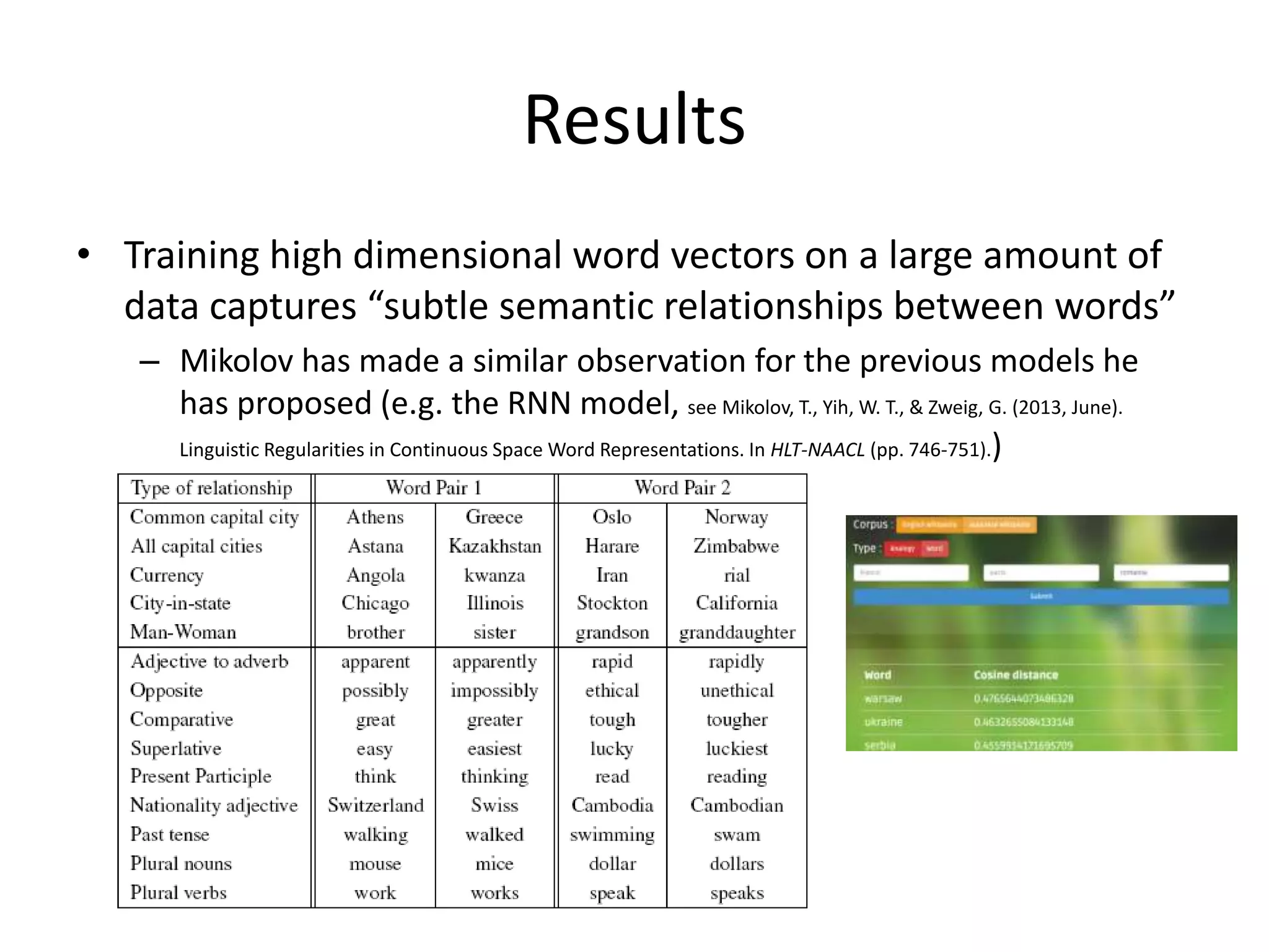 Results
• Training high dimensional word vectors on a large amount of
data captures “subtle semantic relationships between words”
– Mikolov has made a similar observation for the previous models he
has proposed (e.g. the RNN model, see Mikolov, T., Yih, W. T., & Zweig, G. (2013, June).
Linguistic Regularities in Continuous Space Word Representations. In HLT-NAACL (pp. 746-751).)
 