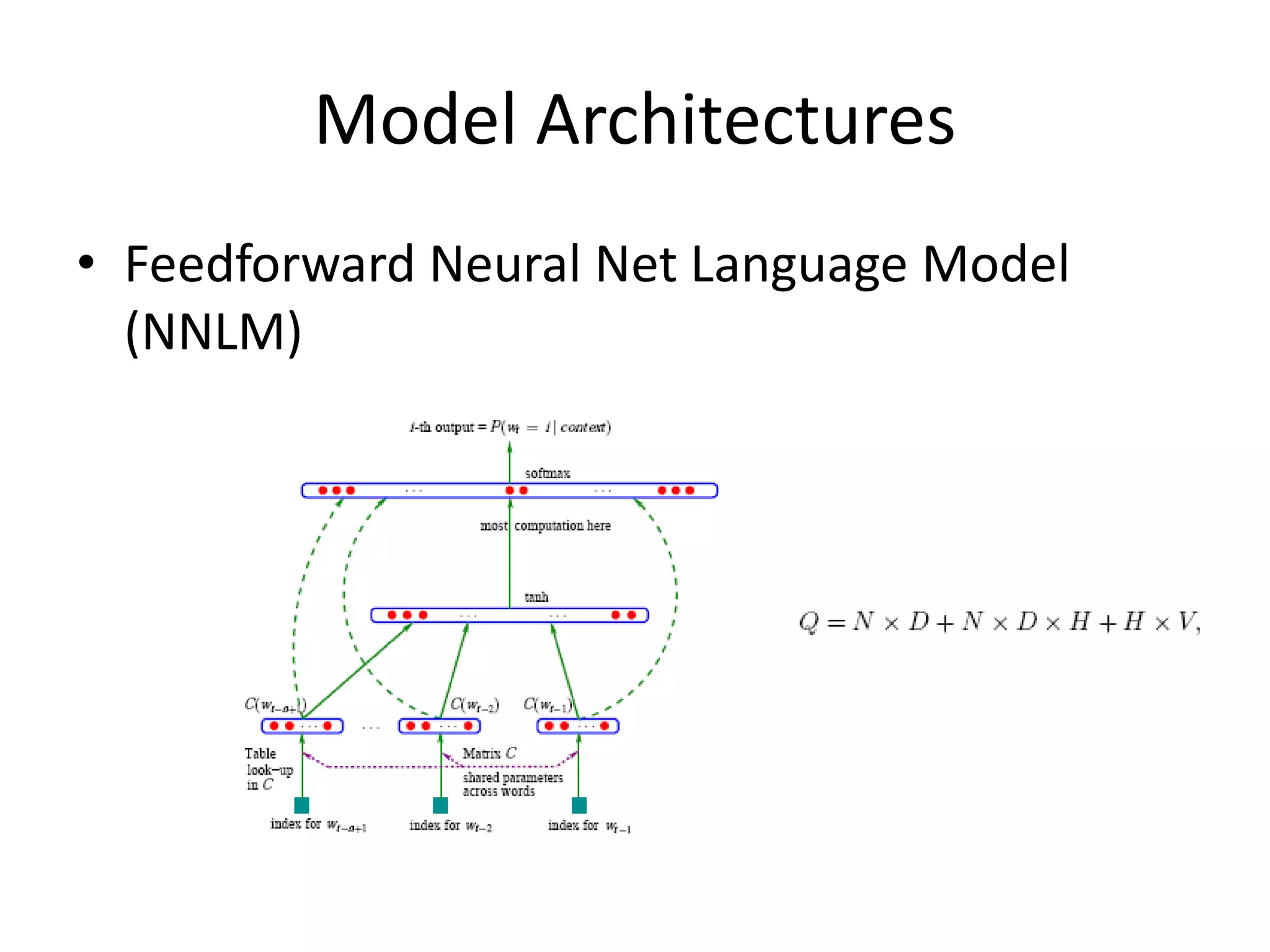 Model Architectures
• Feedforward Neural Net Language Model
(NNLM)
 
