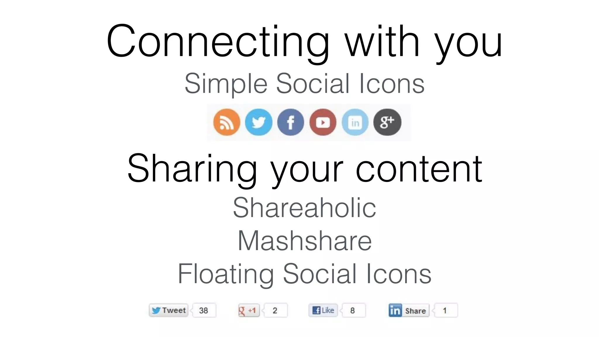 Connecting with you
Simple Social Icons
Sharing your content
Shareaholic
Mashshare
Floating Social Icons
 